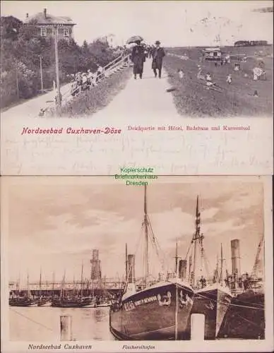 160011 2 Ansichtskarte Nordseebad Cuxhaven Döse 1903 Hotel Badehaus Karrenbad Fischereihafe