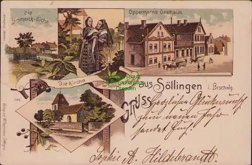 159065 Ansichtskarte Söllingen Braunschweig Litho 1897 Oppermanns Gasthaus Kirche Bismarck