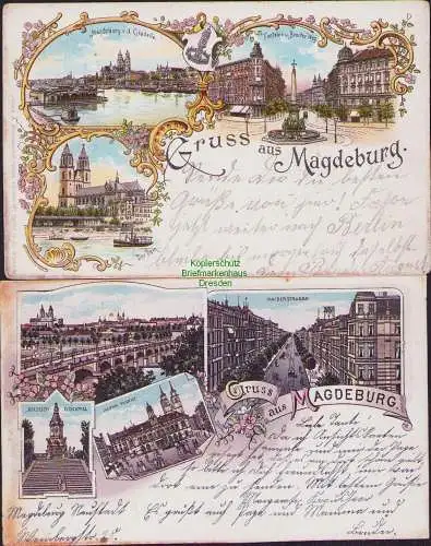 160080 2 Ansichtskarte Magdeburg Litho 1898 KAISERSTRASSE KRIEGER-DENKMAL Alter Markt
