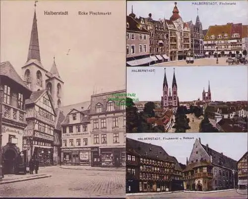 160061 2 Ansichtskarte Halberstadt Ecke Fischmarkt Spielwaren Rathauskeller Perückenmacher