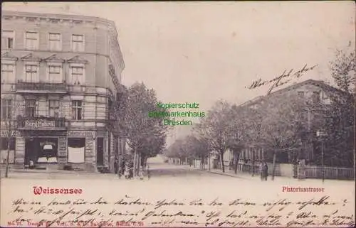 158921 Ansichtskarte Berlin Weissensee 1903 Pistoriusstraße Sarg Fabrik Kolonialwaren Emil