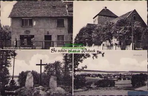 158955 Ansichtskarte Wobeck Geschäftshaus Dunkhorst Kirche Ehrenmal um 1960