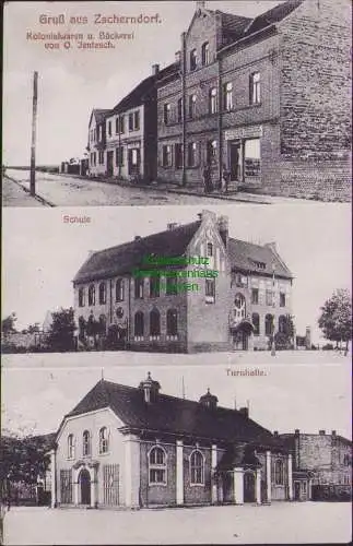 158922 Ansichtskarte Gruß aus Zscherndorf bei Bitterfeld 1941 Bäckerei Schule Turnhalle