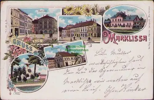 158923 Ansichtskarte Marklissa Lesna 1902 Litho Krieger-Denkmal Marktplatz Rathaus Bahnhof