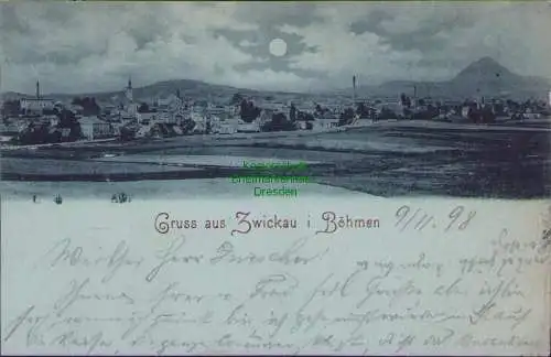 159008 Ansichtskarte Gruss aus Zwickau i Böhmen 1898 ungewöhnlicher Kastenstempel