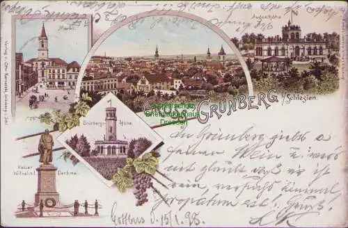 158998 AK Litho Grünberg i. Schl. 1898 Aussichtsturm Höhe Markt Augusthöhe