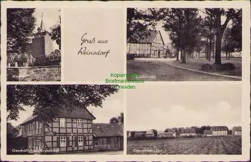 159062 AK Reinsdorf (Helmstedt) 1957 Kirche Geschäftshaus Krusekopf Dorfstraße