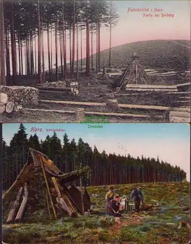 159082 2 Ansichtskarte Hahnenklee i. Harz 1909 Partie am Borberg Köhlerhptte 1921