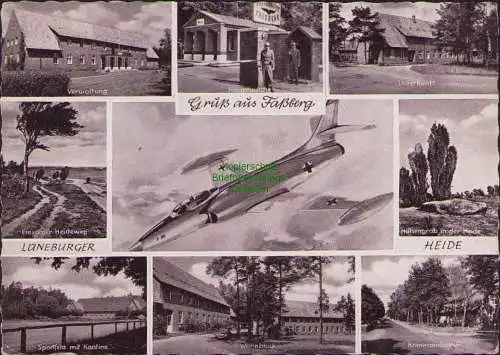 160042 AK Gruß aus Faßberg 1960  Verwaltung Hauptwache Jagdflugzeug Heideweg