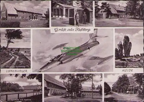 160042 Ansichtskarte Gruß aus Faßberg 1960  Verwaltung Hauptwache Jagdflugzeug Heideweg