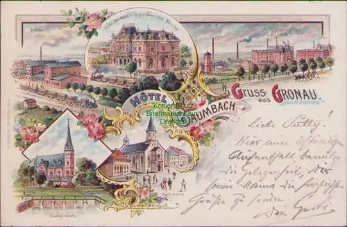158997 Ansichtskarte Litho Gronau Bahnhof Hotel BAUMBACH Evangl. Kirche Kath. Kirche 1898