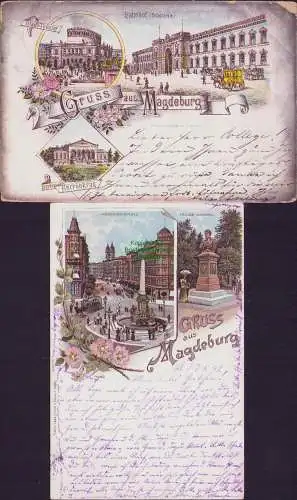 160079 2 Ansichtskarte Magdeburg Litho 1897 HASSELBACHPLATZ FRIESEN DENKMAL Bahnhof 1892