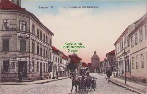 159036 Ansichtskarte Bernau i. M. Berlinerstrasse mit Königstor Restauration Fabrik f Dampf