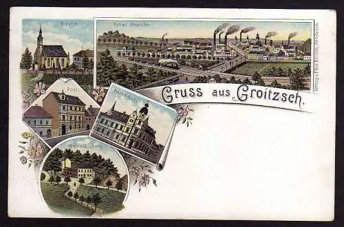 76238 Litho Ansichtskarte Groitzsch Post Rathaus Kirche Wiprechtsburg 1900