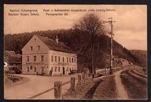 52472 AK Gasthof Scheergrund Klosterbuch 1909 Post und Bahnstation Linie Leipzig