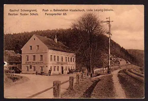 52472 Ansichtskarte Gasthof Scheergrund Klosterbuch 1909 Post und Bahnstation Linie Leipzig