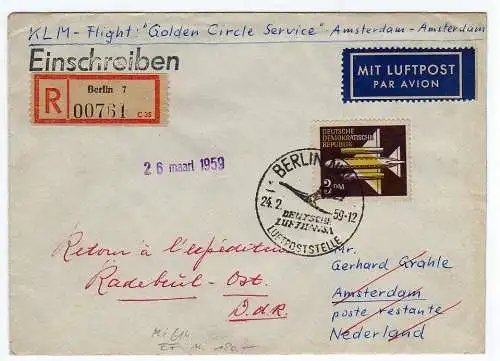 44219 DDR Brief Luftpost Luftpoststelle Berlin KLM Flight Golden Circle Service