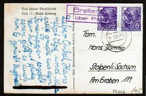 44206 Ansichtskarte Veste Coburg von 1934 verw. 1954 Breitenau über Pirna Landpoststempel