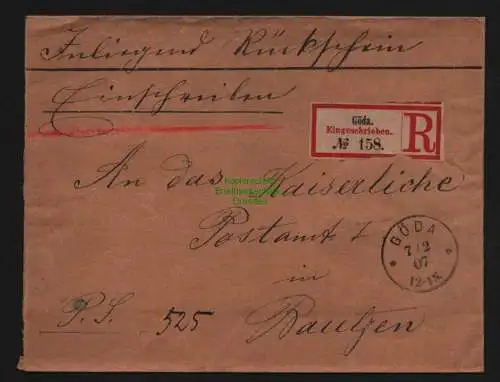 B12033 Brief DR Germania Göda 1907 Einschreiben Rückschein Postsache n. Bautzen