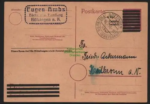 B11054 Notganzsache BAZ Gebühr bezahlt 1946 Bötzingen über Freiburg Breisgau n.