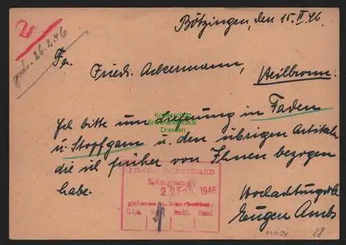 B11054 Notganzsache BAZ Gebühr bezahlt 1946 Bötzingen über Freiburg Breisgau n.