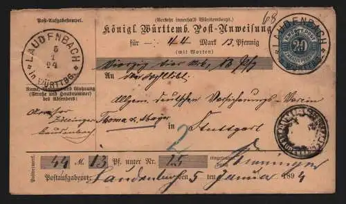 B11767 Brief Württemberg Postanweisung 1894 Laudenbach nach Stuttgart
