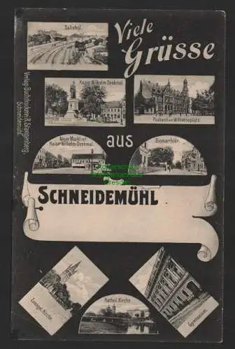 147271 Ansichtskarte Schneidemühl Pila 1906 Verlag Stangenberg Bahnhof Postamt Gymnasium