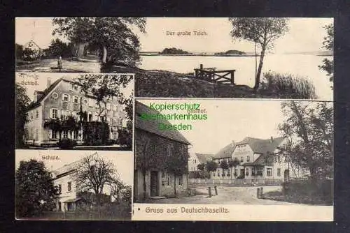 127860 Ansichtskarte Deutschbaselitz Gasthof Der große Teich Schloß Schule um 1910