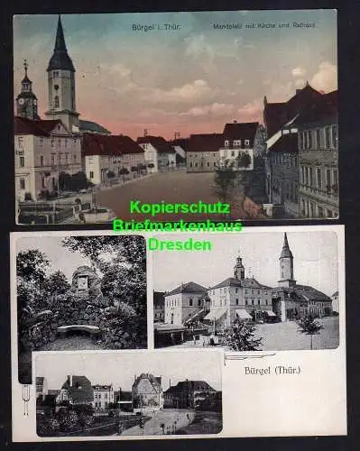 118296 2 AK Bürgel Thür. Marktplatz Kirche Rathaus 1922 Hotel Ratskeller um 1910