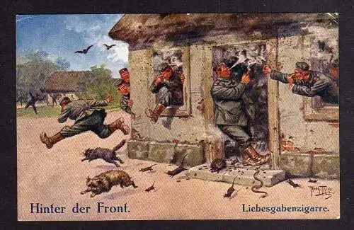 110124 Ansichtskarte Arthur Thiele Künstlerkarte um 1915 Die Liebesgabenzigarre Gasangriff