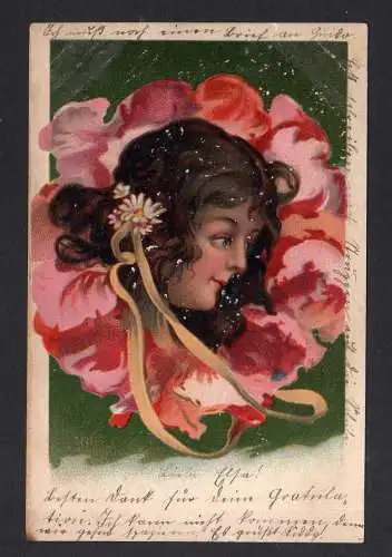 110162 Ansichtskarte Künstkerkarte Frauenkopf in Rose Blume Jugendstil 1904