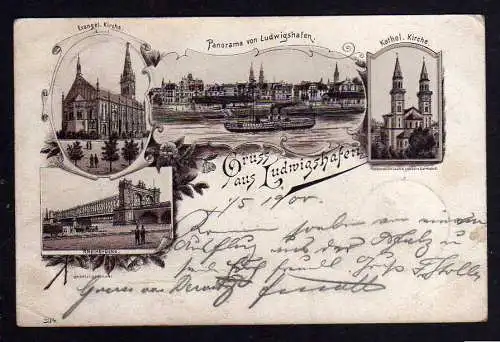 103575 Ansichtskarte Ludwigshafen am Rhein Litho 1900 Kath. Kirche Rheinbrücke