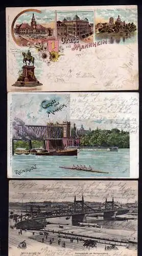 103573 3 AK Mannheim Litho 1899 Rheinbrücke Neckarbrücke Neckarvorstadt 1903
