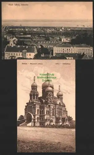 142952 2 Ansichtskarte Libau Ostseite 1917 FeldpostKathedrahle um 1915 Kurland Lettland