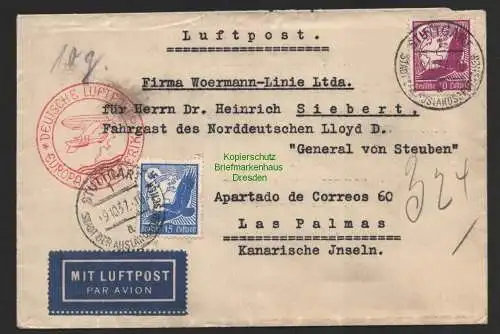 B8925 DR Brief Deutsche Luftpost Europa Südamerika 1937 nach Las Palmas NDL
