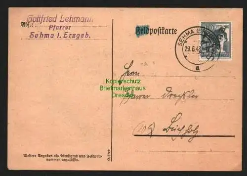 h5836 SBZ Handstempel Bezirk 27 Sehma Postkarte 29.6.48