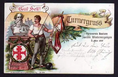 81752 AK Bautzen 1899 Turnergruss Zweites Wintervergnügen Säbel Fahne Flagge