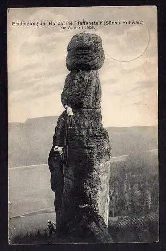 82217 AK Bergsteiger Kletterer an der Barbarine Pfaffenstein 1906