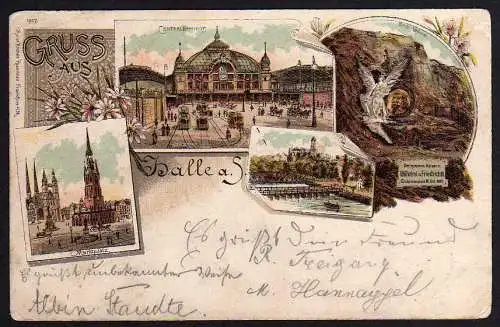 65403 Ansichtskarte Halle Saale 1898 Litho Centralbahnhof Markt