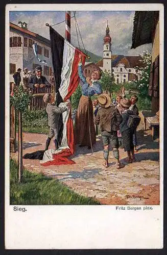65432 Ansichtskarte Sieg Künstlerkarte Flaggenhissung Fritz Bergen