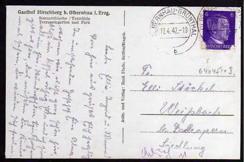 64045 AK Gasthof Hirschberg bei Olbernhau 1942 gelaufen Olbernhau Grünthal