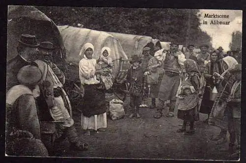 61558 Ansichtskarte Alibnuar Serbien Marktszene Händler Wagen 1. WK Weltkrieg