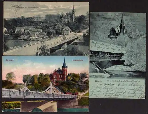61676 3 Ansichtskarte Zwickau Paradiesbrücke Ebertschlößchen 1914 1900 1928