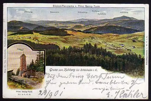 61821 Ansichtskarte Kuhberg Schönheide Prinz Georg Turm 1901 Bahnpost Chemnitz - Aue  Adorf