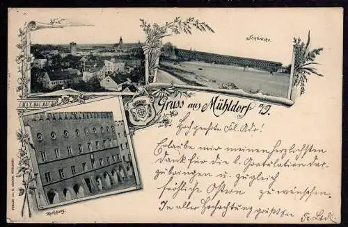 61753 Ansichtskarte Mühldorf am Inn Innbrücke Rathaus 1898