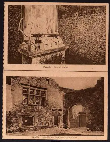 53468 2 Ansichtskarte Marville Friedhof Totenschädel Ruinen um 1918 Kirche Lothringen