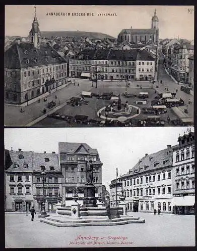 53379 2 Ansichtskarte Annaberg Hotel Restaurant Wilder Mann Markt um 1910 Kirche Markttag