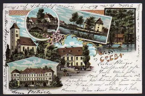 53534 Ansichtskarte Creba Kreba Litho Kirche Schloß Gasthaus 1900 Wasserturm