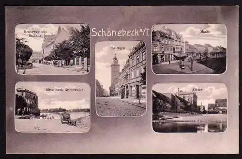 49853 Ansichtskarte Schönebeck a.E. 1907 Breiteweg mit Rathaus Salzturm Markt Elbtor Blick