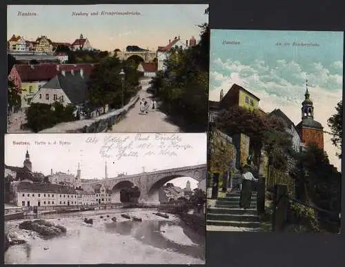 49983 3 Ansichtskarte Bautzen Spree Brücke 1918 Kronprinzenbrücke Neuberg Fischerpforte